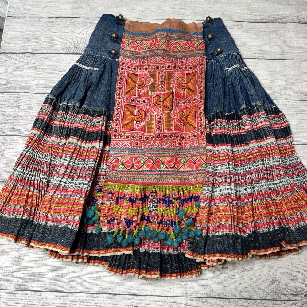 Beautiful Handmade Embroidered Hmong Pleated Multicolor Skirt 30" Minority Tribe - Picture 1 of 8